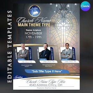 Puede incluir: Un folleto promocional para un evento de la iglesia. El diseño presenta un esquema de color azul oscuro y dorado con el texto "Church Name" y "Main Theme Type". Incluye información sobre los oradores y las fechas del evento, del 17 al 19 de noviembre.