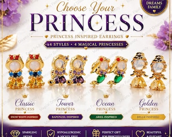 Princess Inspired Earrings, Fairytale Jewelry, Gold Stud Earrings, Snow White Rapunzel Ariel Belle Inspired, Cute Gift for Her, Fantasy Jewe