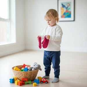 May include: A child wearing a white sweatshirt and blue pants holds a pair of red mittens. A wicker basket filled with colorful blocks, a stuffed elephant, and a red toy car sits on the floor. The room has a large window.