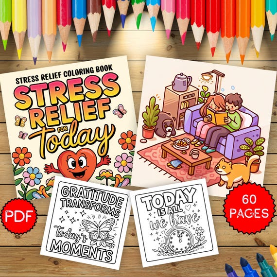 Stress Relief Coloring Book for Adults and Teens, 60 Pages Gratitude and Positive Affirmation Art, Mindfulness Self Care Activity, Printable