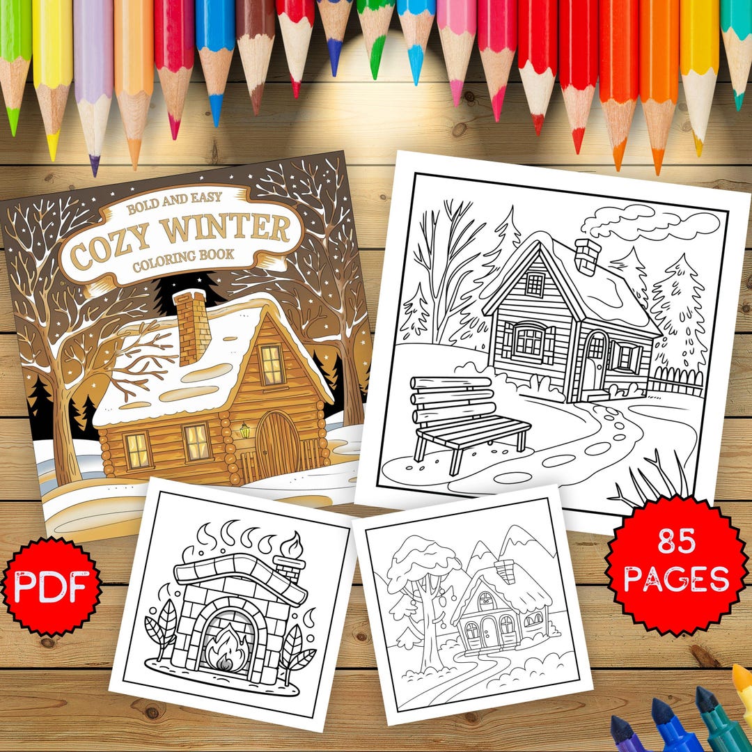 Cozy Winter Coloring Book, Cute Winter Cabin Coloring Pages for Kids ...