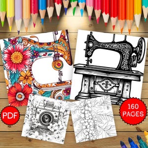Vintage Sewing Machines and Floral Coloring Book for Adults, 160 Retro Art Pages with Flowers and Cameras, Relaxing Printable PDF Digital