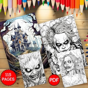 Dark Horror Haunted House Malbuch für Erwachsene, 115 Seiten Gruselige Gothic Art, Schädel, Geister und gruselige Gesichter, gruselige Halloween-Malbuch