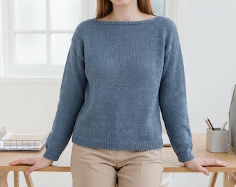 Knit Boat Neck Sweater Pattern Seamless Minimal Linen Cotton Top PDF