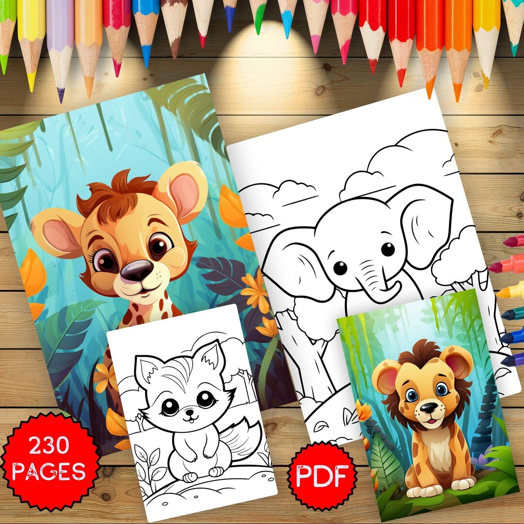 Cute Jungle Animals Coloring Book for Kids, 230 Pages PDF, Fun Safari ...