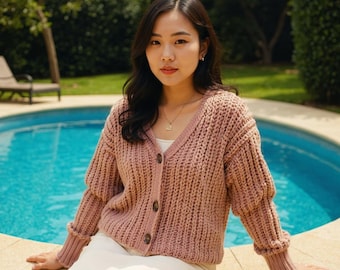 Modello PDF per cardigan all'uncinetto con bottoni sul davanti, comodo e oversize, da donna, taglie XS–3XL