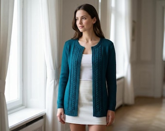 Knit Cardigan Pattern PDF, Cable Knit Cardigan, Fitted Sweater Pattern XS-XXL