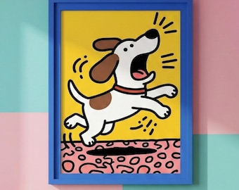 Funny Dog Art Print - Playful Puppy Poster - Yellow Pop Art Dog Wall Decor - Happy Barking Hound Cartoon Illustration