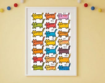 Colorful Cat Pattern Art Print - Playful Kitty Poster - Rainbow Cat Wall Decor
