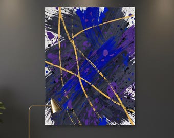 Lienzo abstracto dorado, azul y morado para pared: pintura moderna con pinceladas para decoración de sala de estar y oficina.