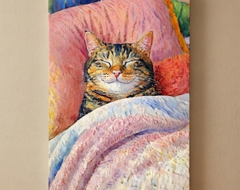 Cozy Kitty Art Print Canvas | Sleeping Kitten Painting | Colorful Pet Wall Decor | Cat Lover Gift