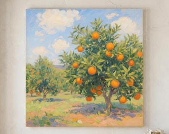 Orange Grove Wall Art, Impressionist Landscape Canvas Print, Citrus Kitchen Decor, Tuscan Country Art
