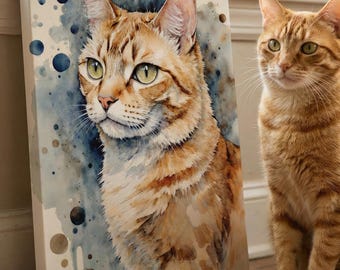 Watercolor Orange Tabby Cat Portrait Canvas | Pet Art Print | Blue Brown Wall Decor | Cat Lover Gift