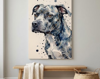 Watercolor Gray Pitbull Canvas Print - Staffy Portrait Wall Art - Dog Lover Gift Decor