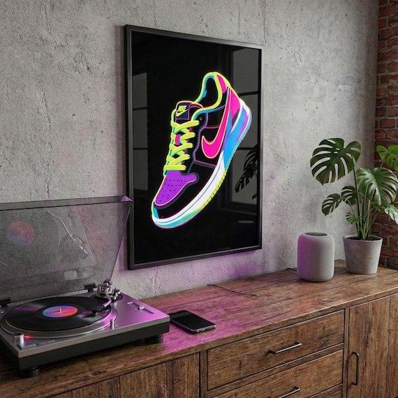 Neon Sneaker Art Print - Vibrant Athletic Shoe Poster - Pop Art Sneaker Wall Decor - Bold Teen Room Art