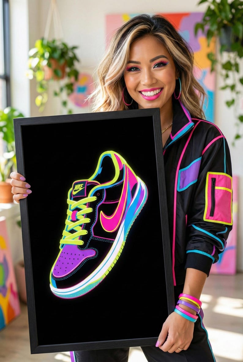 Impresión artística de zapatillas de neón - Póster de zapatillas deportivas vibrantes - Decoración de pared de zapatillas de arte pop - Arte atrevido para habitaciones de adolescentes imagen 2
