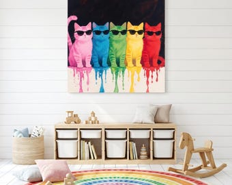 Colorful Cats Canvas Wall Art - Rainbow Kittens Sunglasses Pop Art Print - Nursery Decor