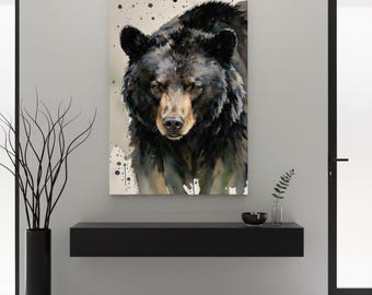Realistic Watercolor Black Bear Canvas Print - Rustic Wildlife Wall Art Decor