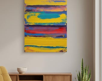 Vibrant Abstract Textured Canvas Wall Art Print - Yellow Red Teal Purple Modern Home Decor