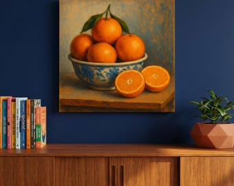 Classic Fruit Still Life Canvas Print - Oranges Oil Painting Farmhouse Kitchen Wall Art - Rustic Kitchen Dining Room Decor