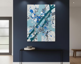 Abstract Blue Teal Gray Canvas Wall Art - Splatter Painting Print - Modern Living Room Office Decor
