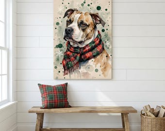 Christmas Staffy Watercolor Canvas Art Print - Holiday Staffordshire Bull Terrier Wall Decor