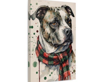 Watercolor Staffy Christmas Canvas Print - Festive Staffordshire Bull Terrier Wall Art - Pitbull Holiday Decor Gift
