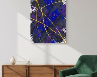 Abstract Gold Blue Purple Canvas Wall Art - Modern Brushstroke Painting Print for Living Room Office Decor