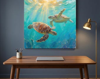 Sea Turtle Canvas Wall Art - Ocean Marine Life Print - Tropical Beach House Nursery Artwork