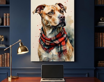 Watercolor Pitbull Christmas Canvas Wall Art - Staffy in Scarf Print - Holiday Dog Portrait Decor