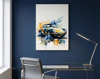 Vintage Sports Car Watercolor Canvas Art - Classic 911 Style Automotive Decor Man Cave Boys Room