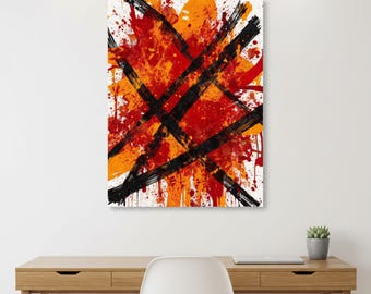 Abstract Canvas Wall Art Print - Red Orange Black Splatter Modern Brush Stroke Painting for Living Room Office
