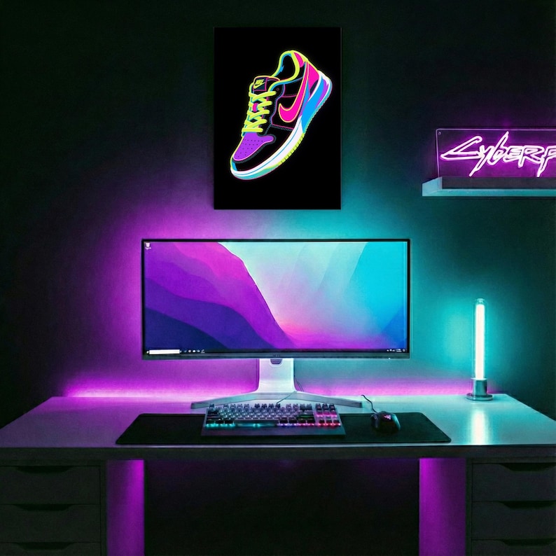 Impresión artística de zapatillas de neón - Póster de zapatillas deportivas vibrantes - Decoración de pared de zapatillas de arte pop - Arte atrevido para habitaciones de adolescentes imagen 5