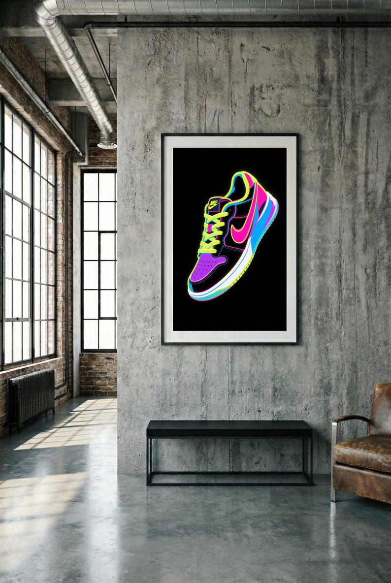 Impresión artística de zapatillas de neón - Póster de zapatillas deportivas vibrantes - Decoración de pared de zapatillas de arte pop - Arte atrevido para habitaciones de adolescentes imagen 3