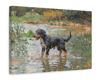 Impressionist Dog Canvas Wall Art - Playful Puppy River Print - Rustic Cottagecore Pet Decor