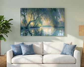 Impressionist Willow Tree River Canvas Print - Serene Green Blue Landscape Wall Art