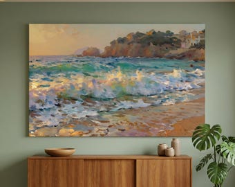 Coastal Seascape Canvas Wall Art Print - Teal Gold Ocean Decor