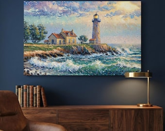 Impressionist Lighthouse Canvas Art Print - Coastal Seascape Nautical Wall Decor