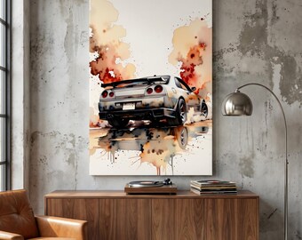 JDM Drifting Sports Car Watercolor Canvas Print - Street Racing Man Cave Garage Wall Art