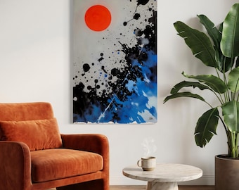 Abstract Red Sun Canvas Wall Art Print - Black Blue Splatter Modern Ink Wash Decor