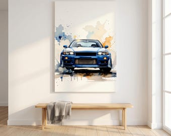 Blue JDM Sports Car Watercolor Canvas Print - Drift Car Wall Art - Man Cave Boys Room Decor