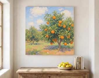 Pintura al óleo de naranjo - Arte mural en lienzo con un soleado huerto de cítricos - Decoración de cocina de estilo rústico mediterráneo