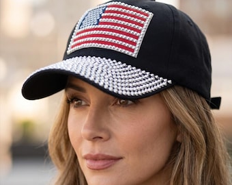Gorra de béisbol con tachuelas y brillos de la bandera estadounidense - Gorra patriótica con diamantes de imitación - Gorra de camionero glamurosa