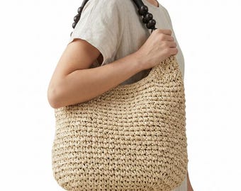 Bolso de hombro tipo tote de papel con asa de bambú - Bolso bohemio natural y ecológico - Bolsos de playa de verano con asa superior