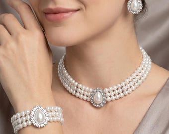3PCS Teardrop Pearl Choker Jewelry Set, 3 Row Layered Pearl Necklace, Bridal Wedding Jewelry Set, Statement Choker, Gift for Women