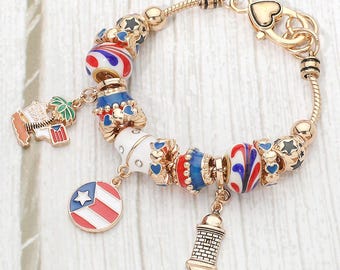 Pulsera multi-cuentas con dije de la bandera de Puerto Rico - Regalo de joyería de orgullo puertorriqueño - Pulseras puertorriqueñas