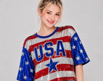 Camiseta con lentejuelas y estampado patriótico estadounidense - Camiseta del 4 de julio - Camisetas festivas patrióticas