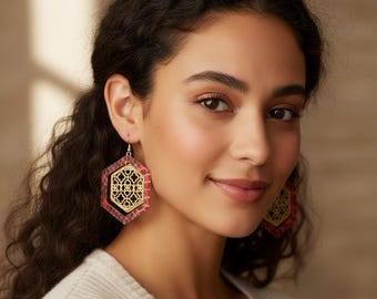 Pendientes colgantes de filigrana marroquí de piel sintética / Pendientes colgantes estilo bohemio / Joyas ligeras de estilo étnico