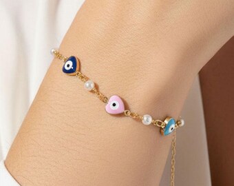 Pulsera de perla de ojo malvado con corazón bañado en oro / Joyería de amuleto de la suerte