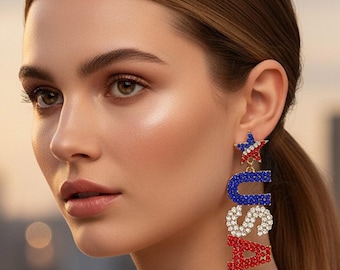 Pendientes colgantes con letras patrióticas de EE. UU. con incrustaciones de diamantes de imitación / Joyería llamativa brillante / Pendientes colgantes